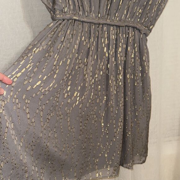 MESOP 12 Gray Gold Metallic Pleated Drop Waist V-Neck Sleeveless Tie Waist Dress - Picture 12 of 14